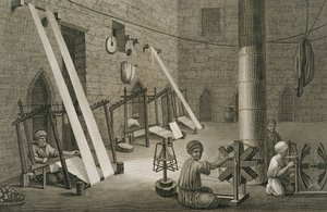 Interiör i en väververkstad, från volym II Arts and Trades i "Description of Egypt", graverad av Schroeder och E. Voysard, publicerad på order av Napoleon, 1822 (se även 267695).